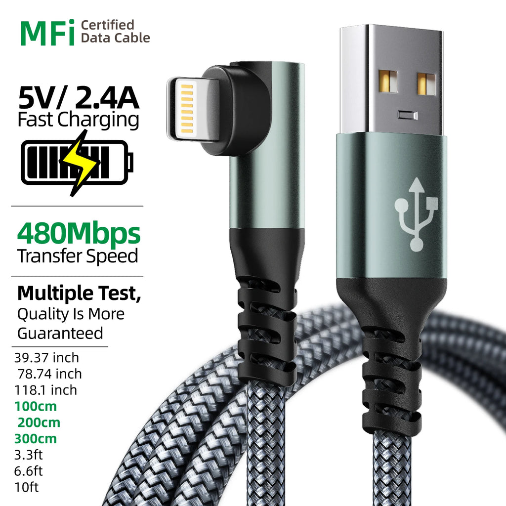 1PC 90 Degree for iPhone Charger 1m 2m 3m  [ MFi Certified] 1pack Right Angle Nylon Braided USB Lightning Cable for iPhone14