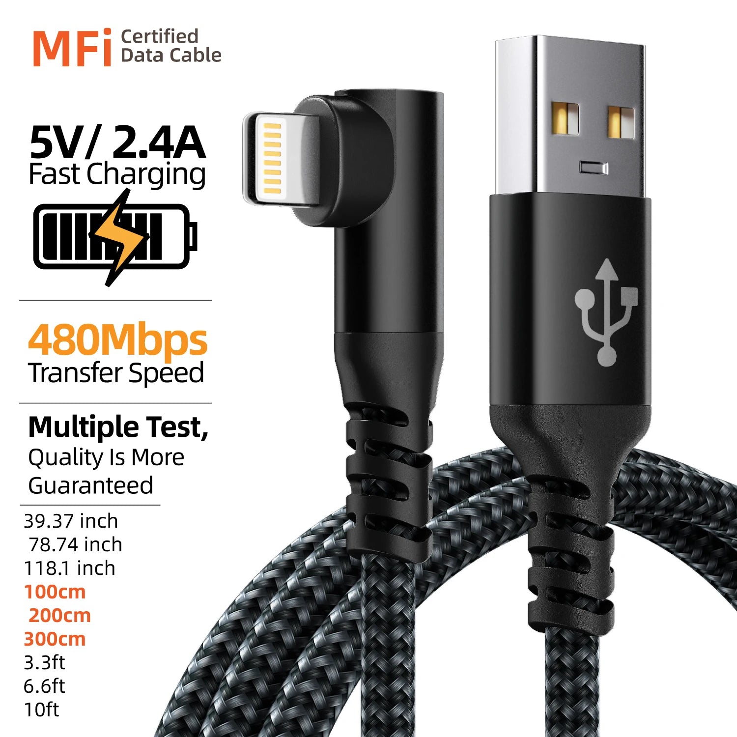 1PC 90 Degree for iPhone Charger 1m 2m 3m  [ MFi Certified] 1pack Right Angle Nylon Braided USB Lightning Cable for iPhone14