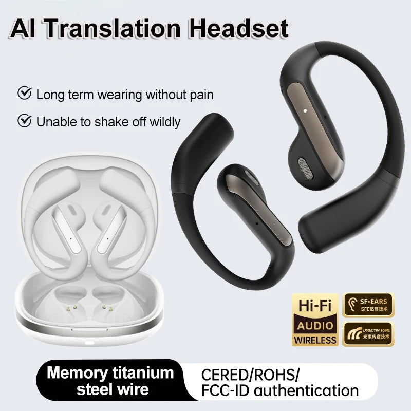 Smart AI Translation Headset Stereo Sound Semi-in-ear Air Conduction True Wireless Sports Long-lasting Bluetooth Headset